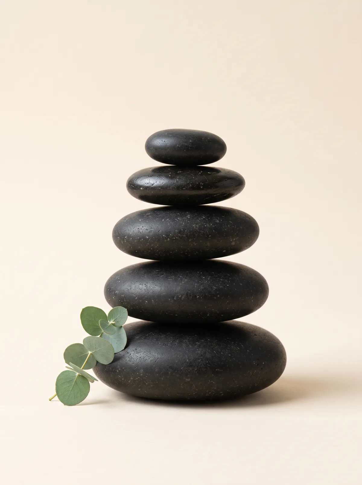 Five black basalt massage stones balanced in a cairn, a sprig of eucalyptus at the base