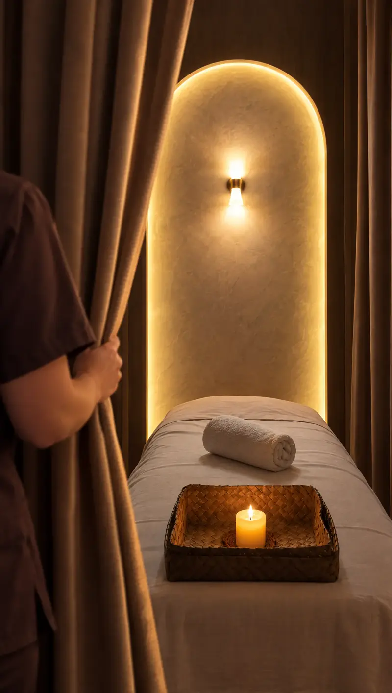 Therapist drawing a taupe curtain to a private room