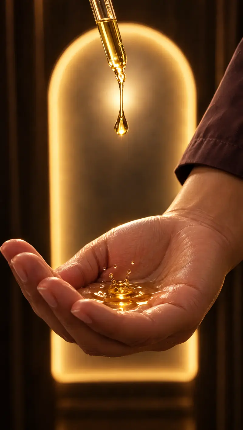 A drop of warm oil falling into a therapist’s palm