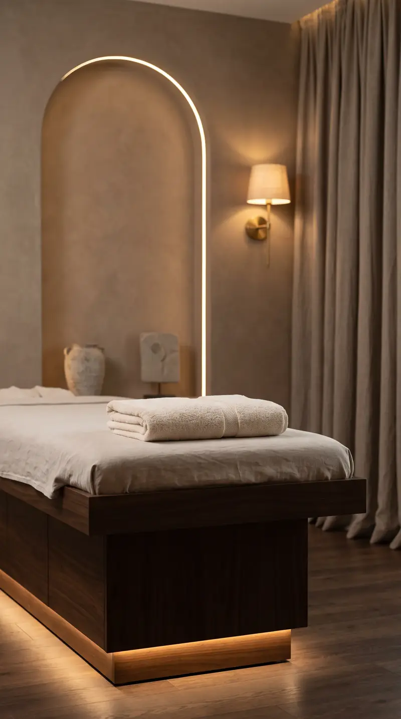 A softly lit treatment room prepared with folded towels