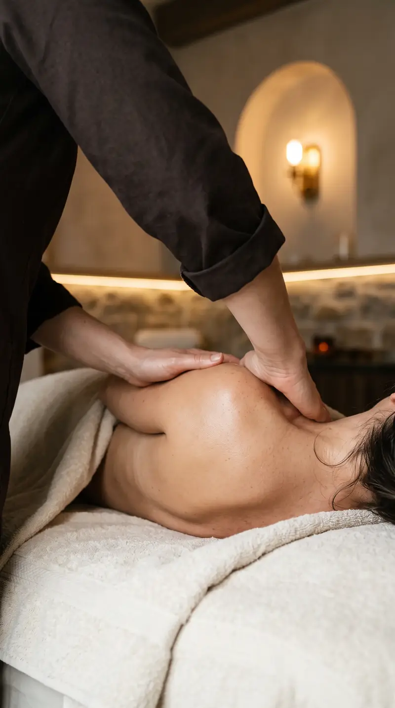 Therapist working warm oil into a guest’s shoulders
