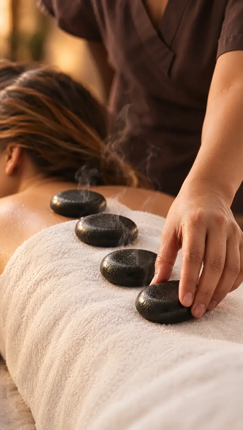 Warm basalt stones placed along a guest’s back