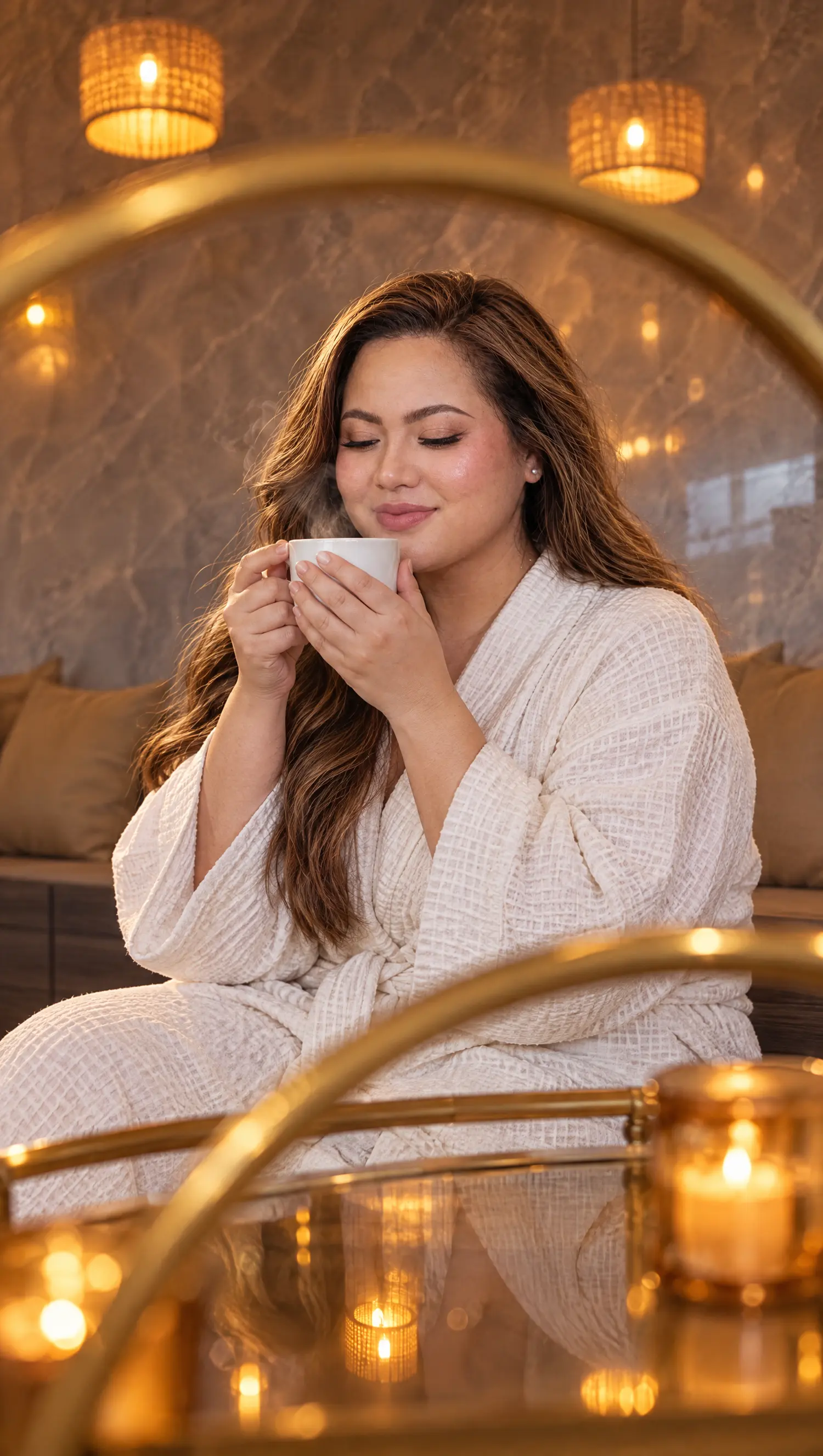 Guest in a robe sipping tea beside a gold trolley