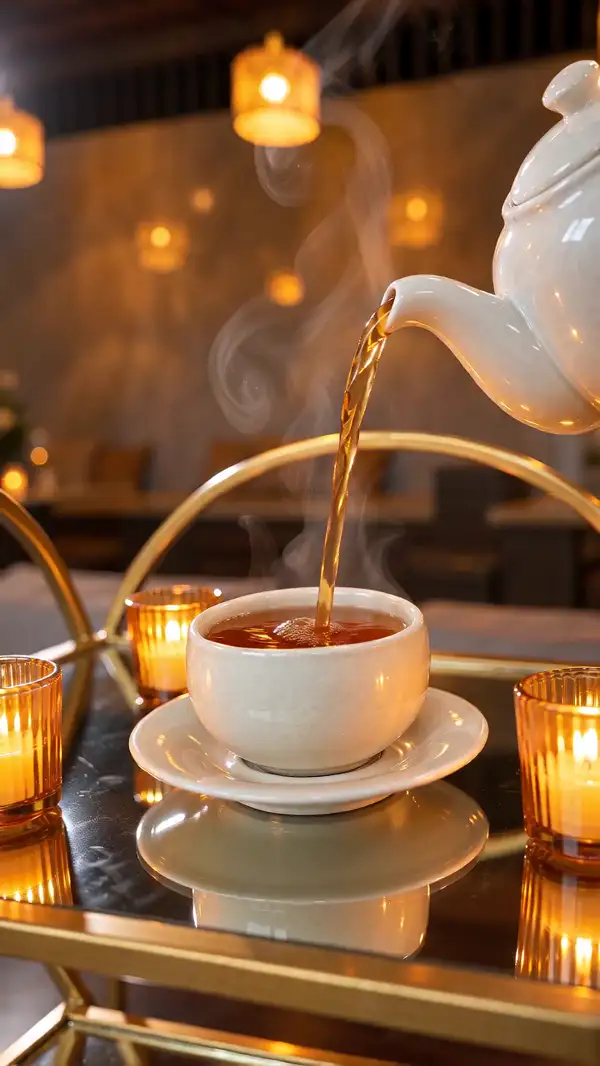 Warm tea poured into a white cup beside candlelight